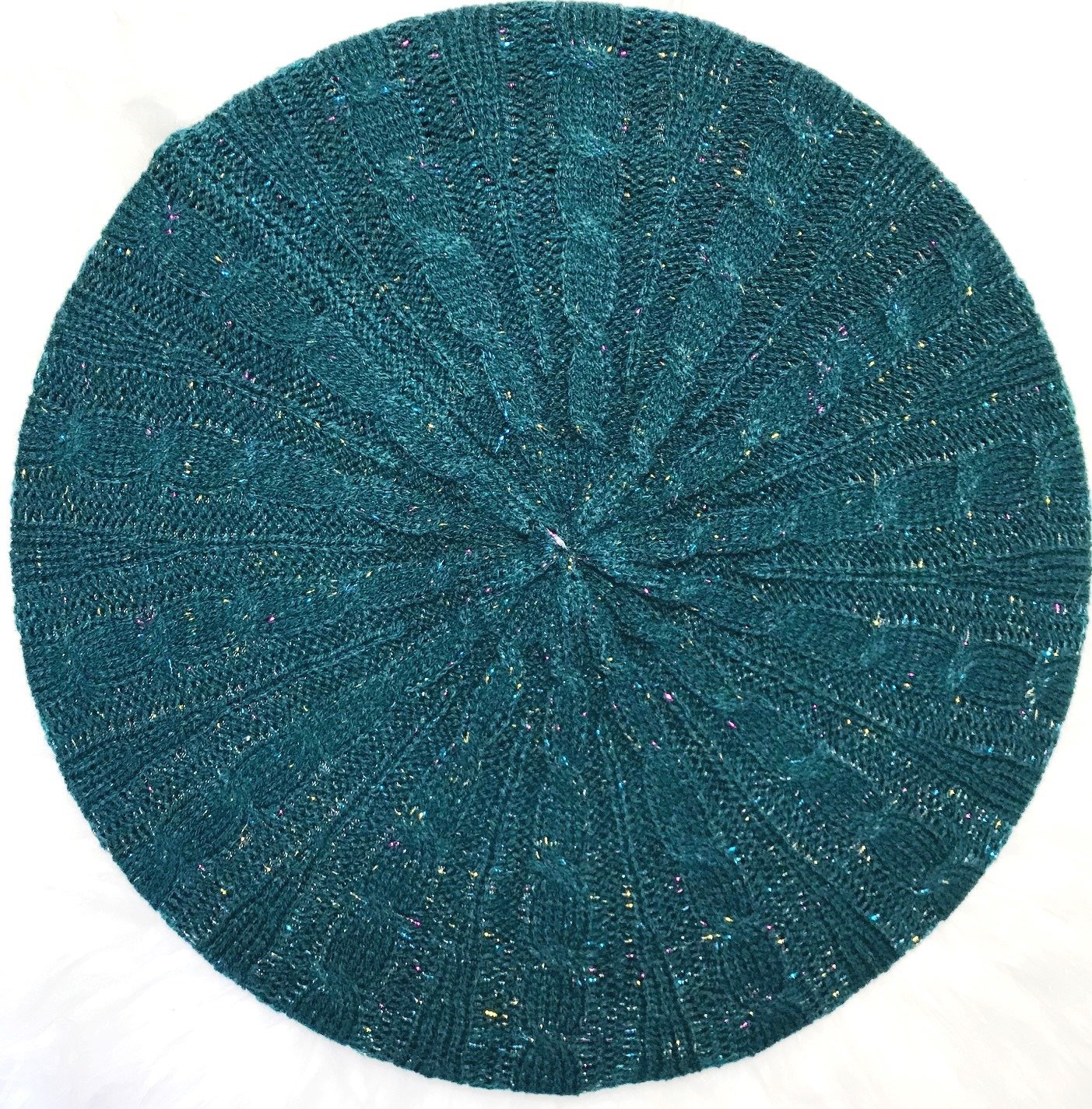 Teal w/colored sparkle cable beret/snood
