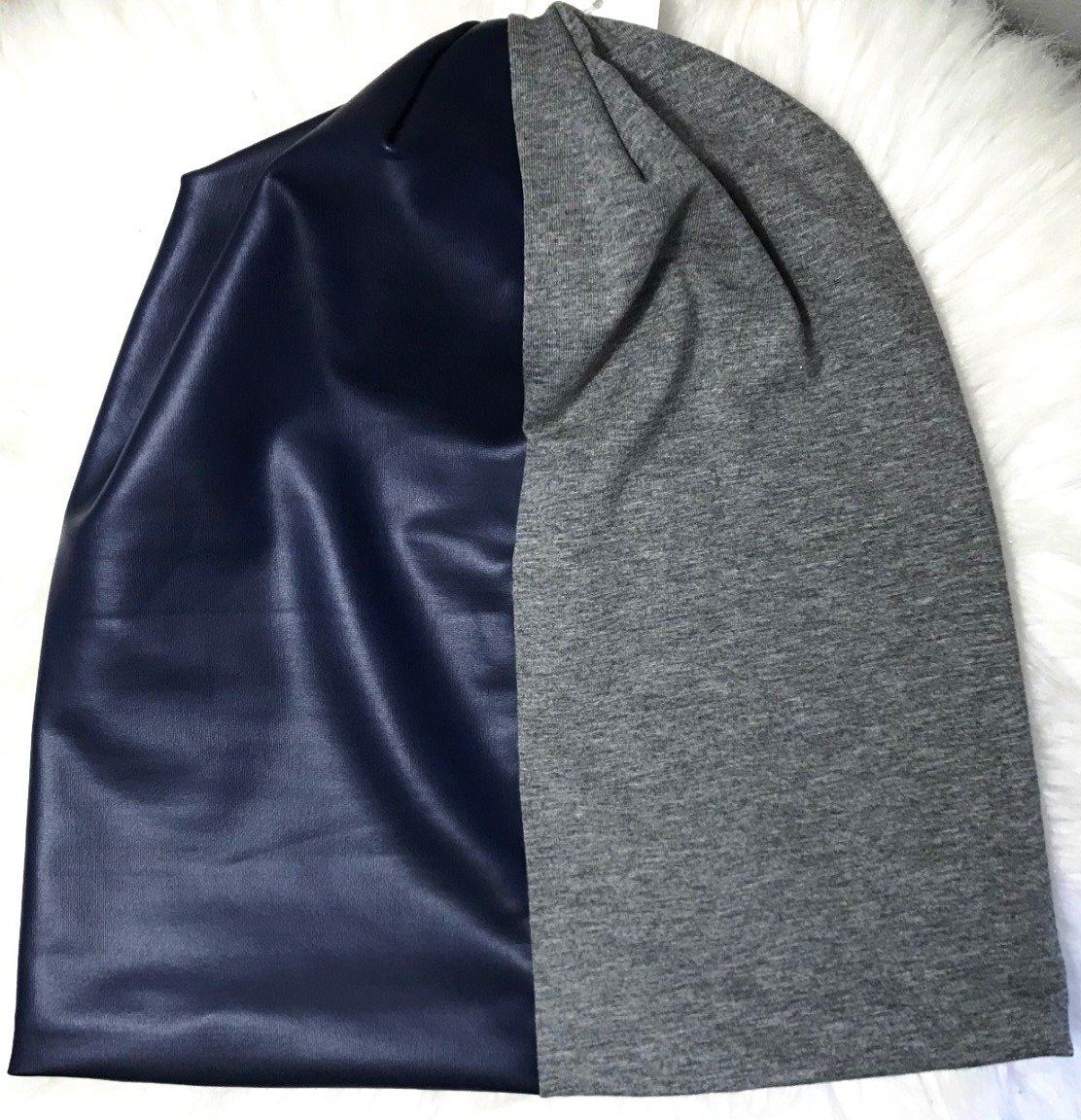 Blue pleather/gray cotton  beanie