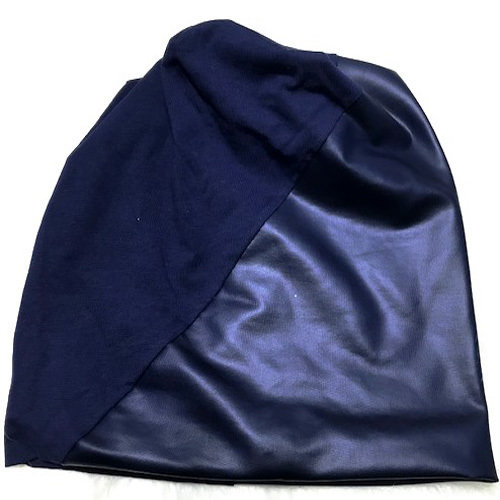 Slanted blue pleather/blue cotton  beanie