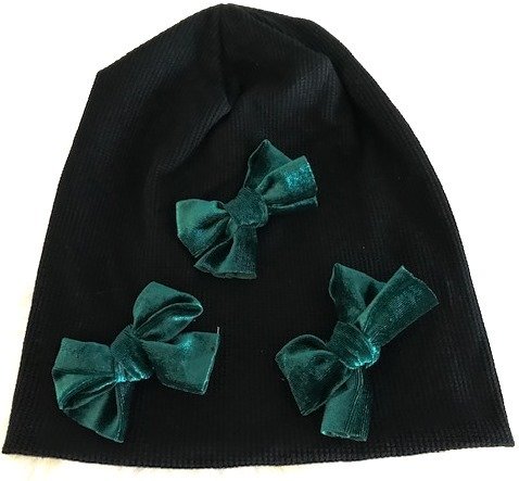 Black waffle beanie with green velvet bows