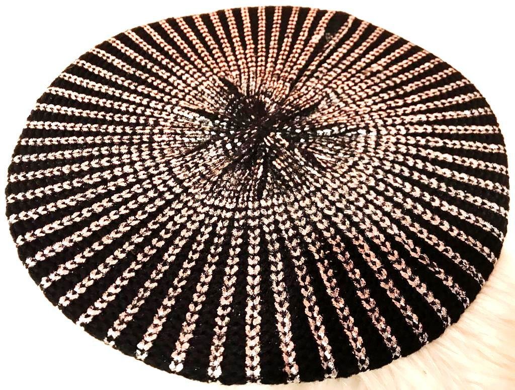 Black w/silver stripes cable beret/snood