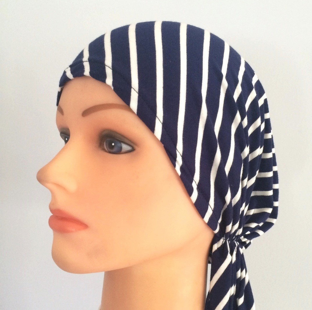 Blue striped pre-tied tichel