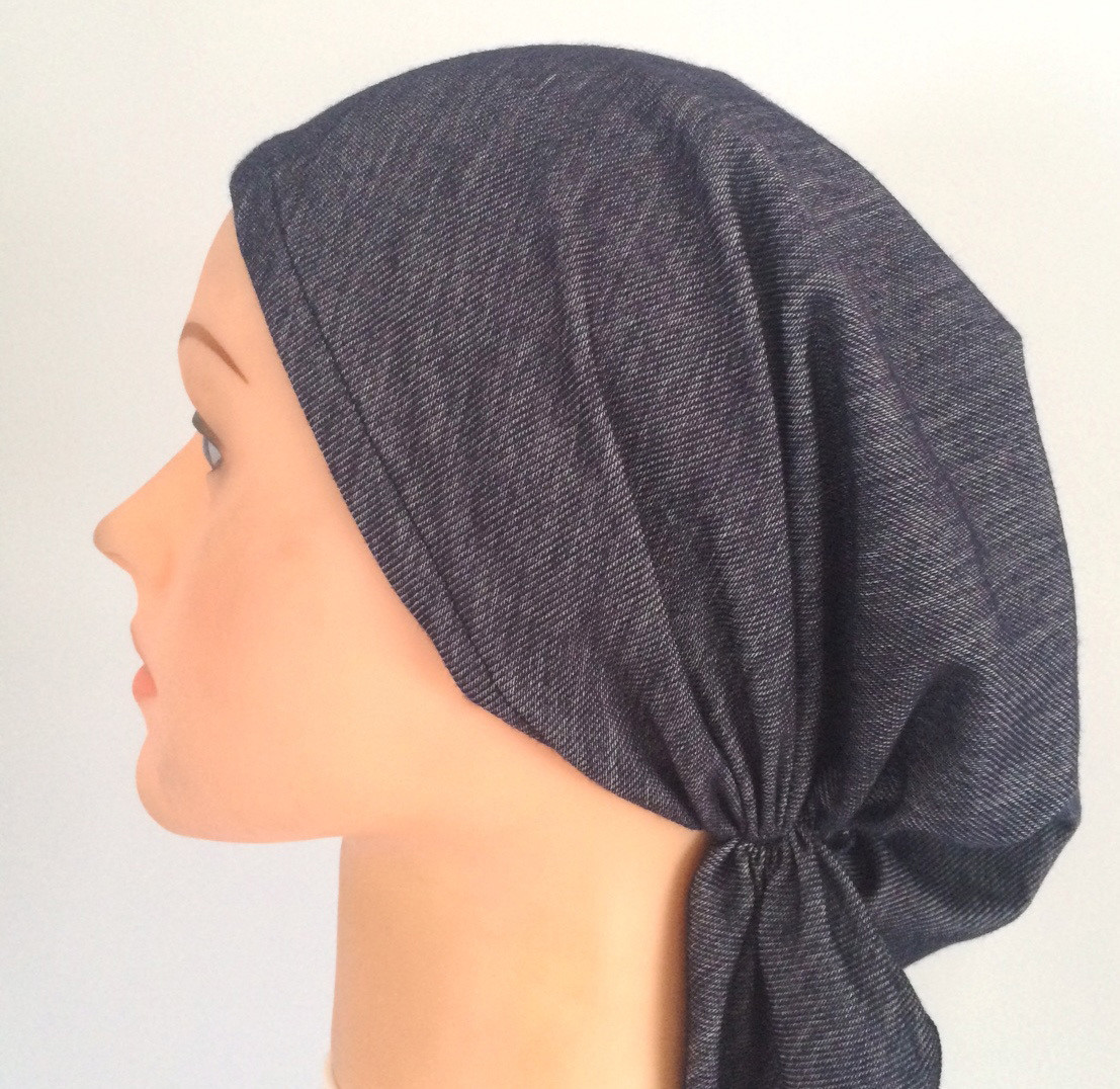 Blue denim pre-tied tichel
