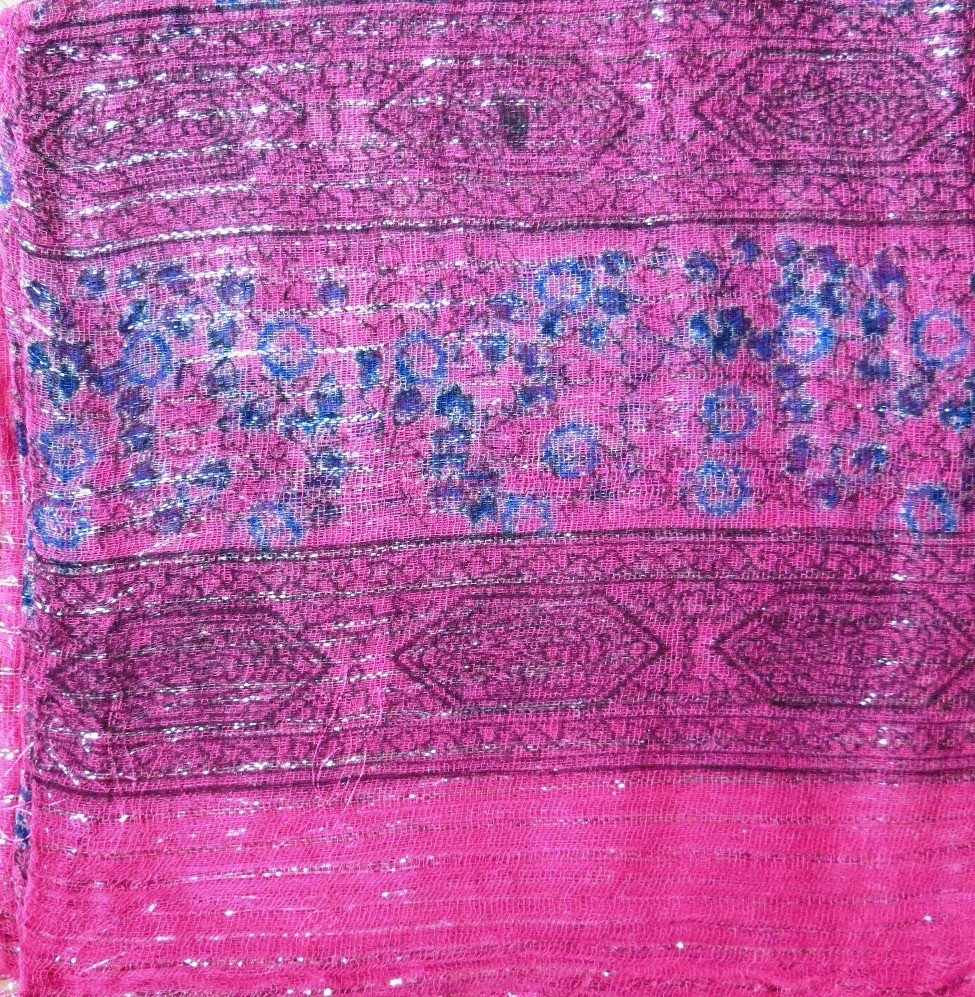 Bubble gum pink lurex tichel with blue berry flowers