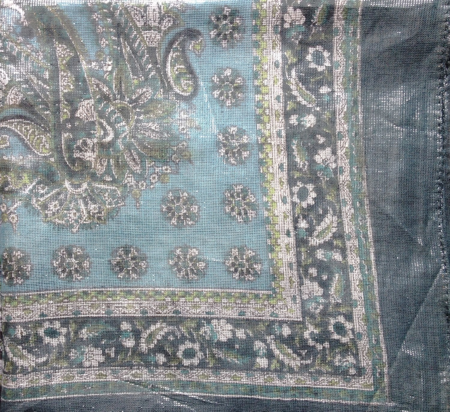 Light blue shimmer tichel with pink flowers in center