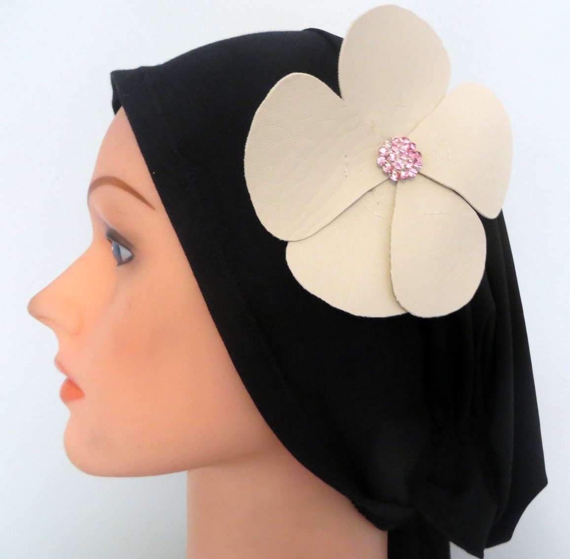 Self tie tichel black with off white flower #2