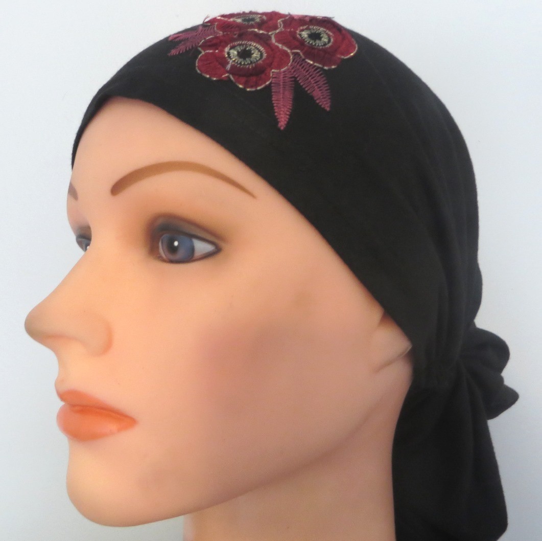 Black pretied tichel with embroidered look flowers applique