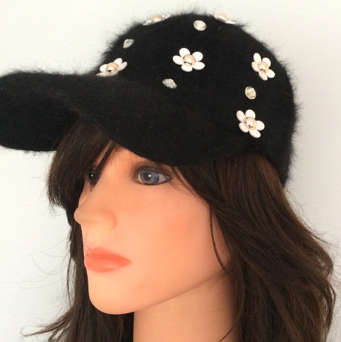 Black furry bejeweled cap