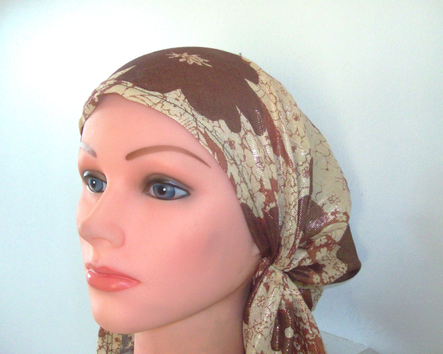 Shimmering pre tied tichel brown and gold