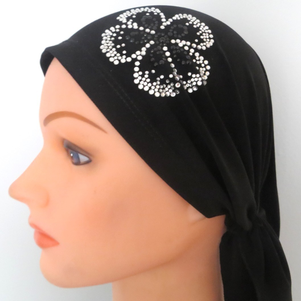 Black pretied tichel with flowers applique #2