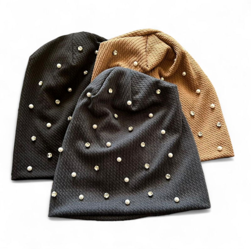Fine cable ribbed bejeweled beanies