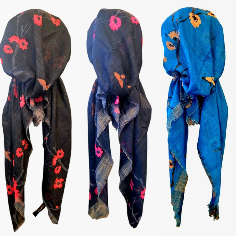 Flowers &amp; birds - soft fringes pretied tichels