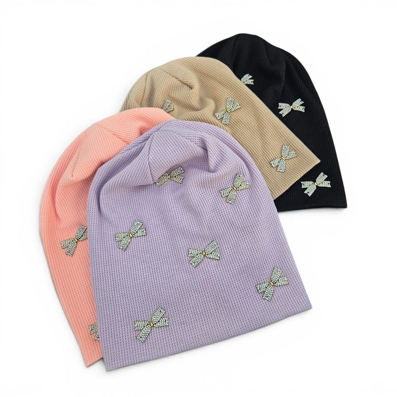 Glittery bow embellished - waffle cotton beanies