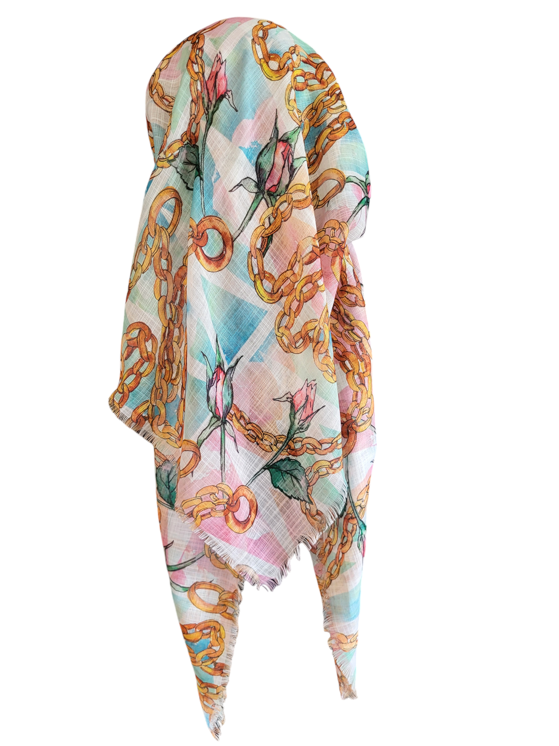 White/greens flowers n' chains long back pre-tied kerchief w/band sewn in  -  soft fringed edges material