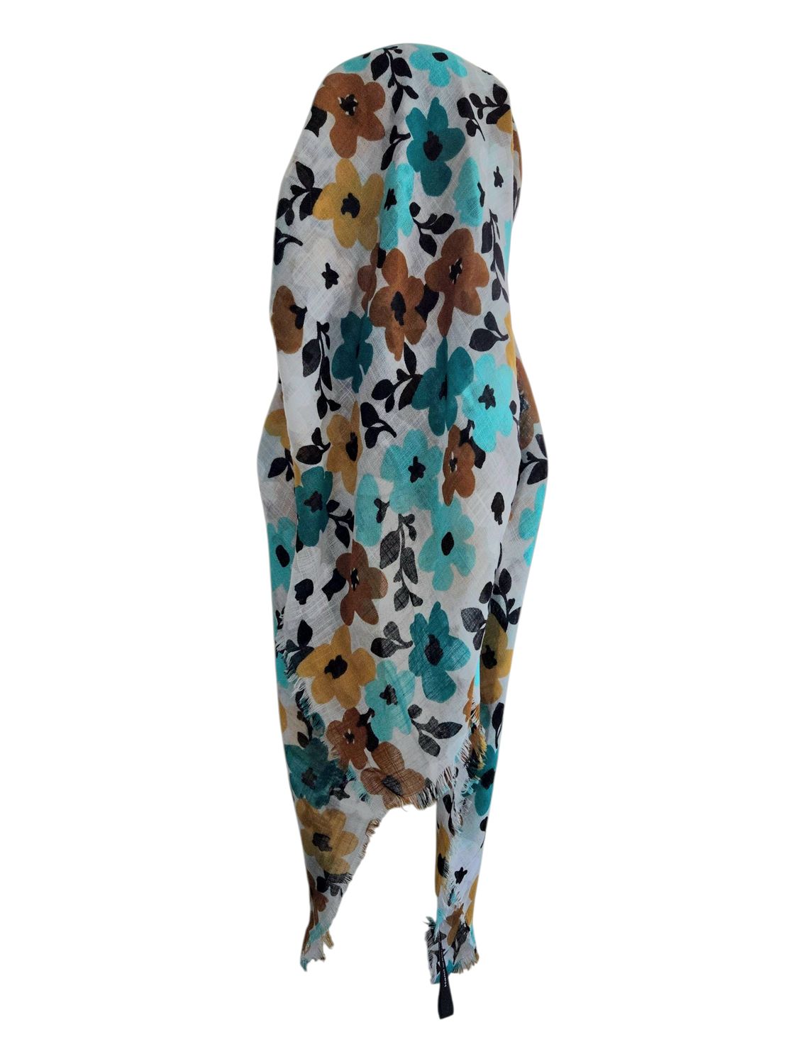 Turquoise n'more floral - long kerchief back - soft fringes pretied tichel (BBS) w/band sewn in