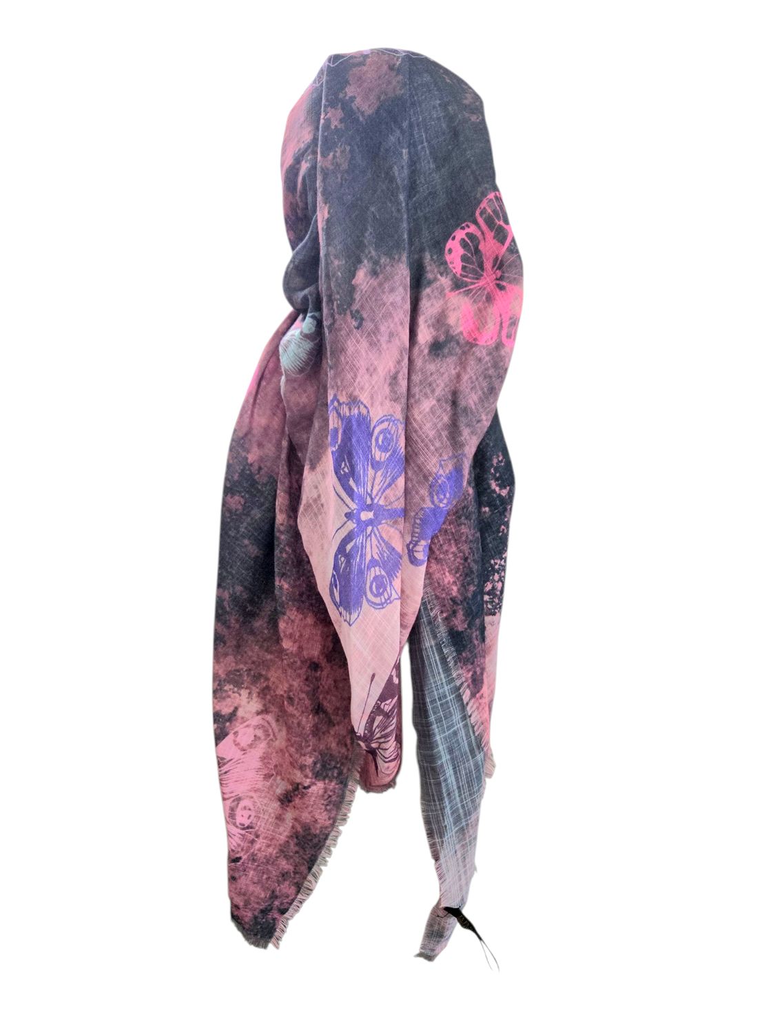 Peachy shaded butterflies - long kerchief back - soft fringes pretied tichel (BBS) w/band sewn in