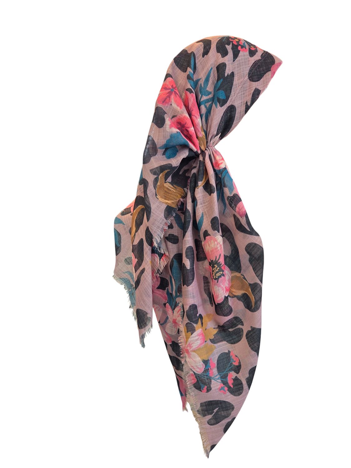 Pretty pinky mauve leopard - long back pre-tied kerchief w/band sewn in  -  soft fringed edges material