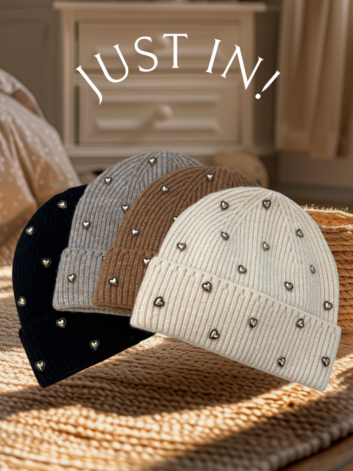 Heart-Embellished Knit Fold-Over hats