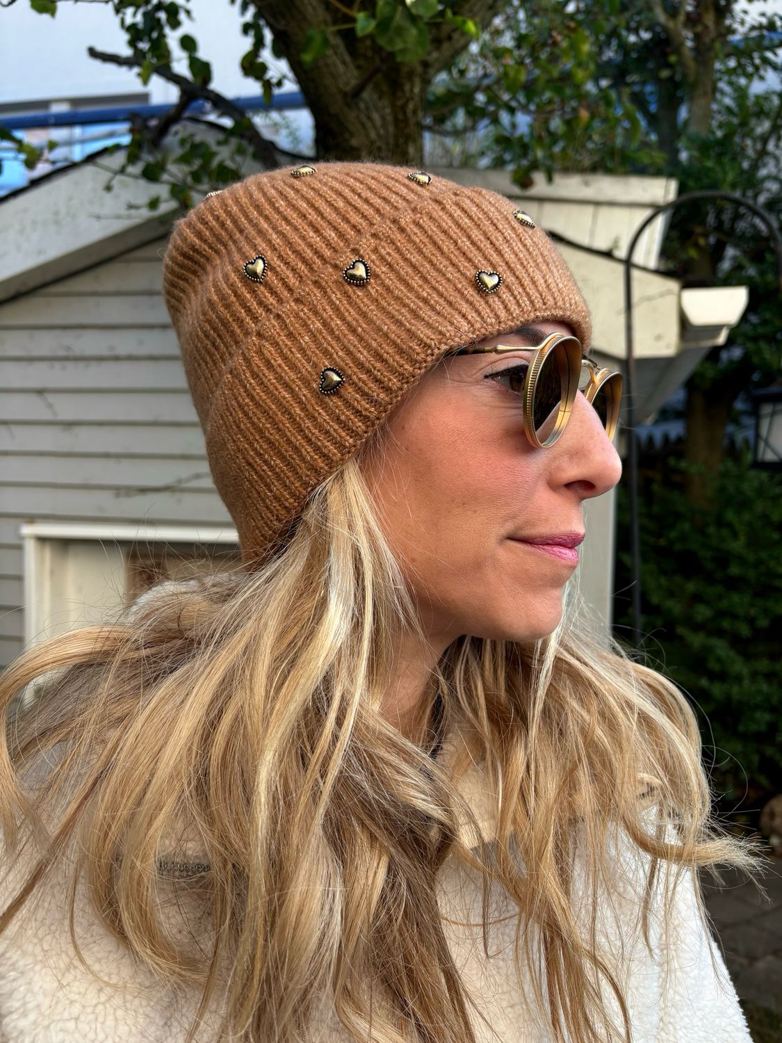 Heart-Embellished Knit Fold-Over hats