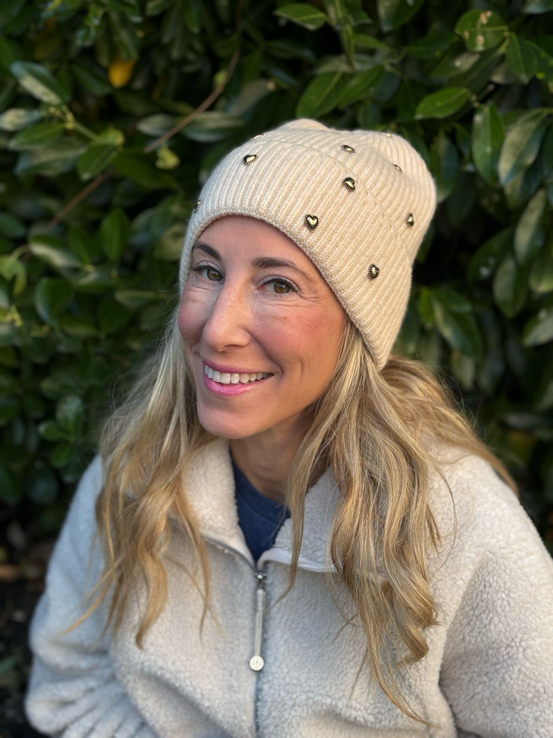 Heart-Embellished Knit Fold-Over hats