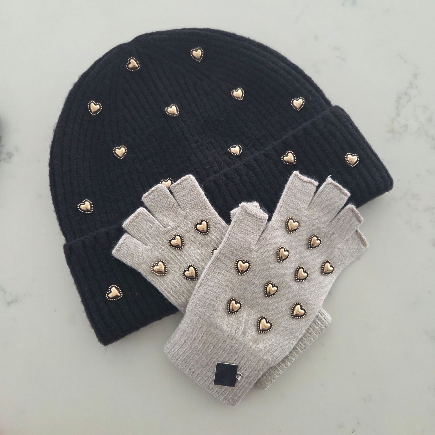 Heart-Embellished Knit Fold-Over hats