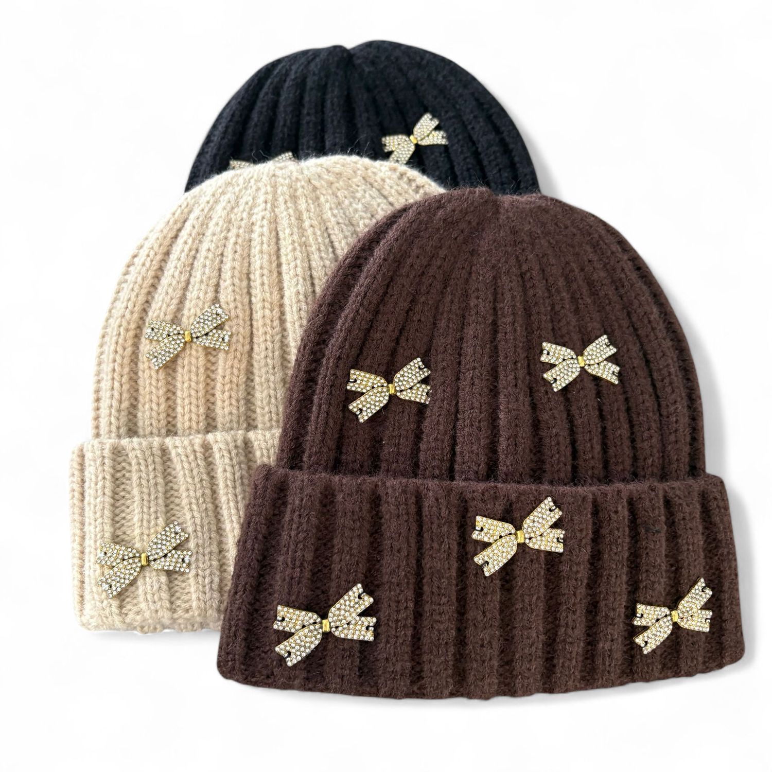 Rhinestone Bow Ribbed Knit Fold-Over hats