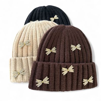 Rhinestone Bow Ribbed Knit Fold-Over hats