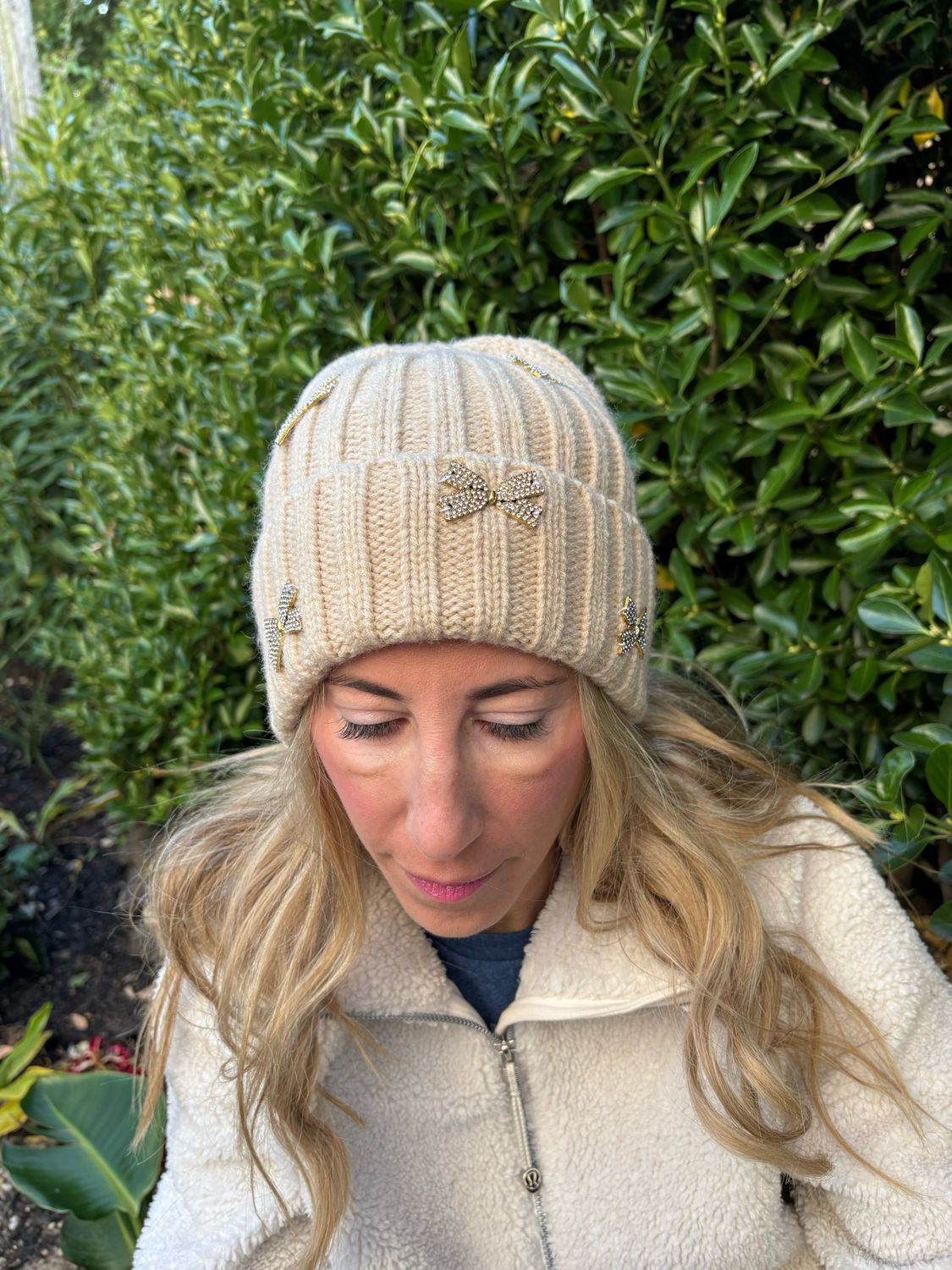 Rhinestone Bow Ribbed Knit Fold-Over hats