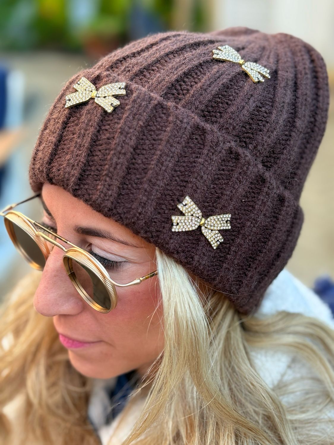 Rhinestone Bow Ribbed Knit Fold-Over hats