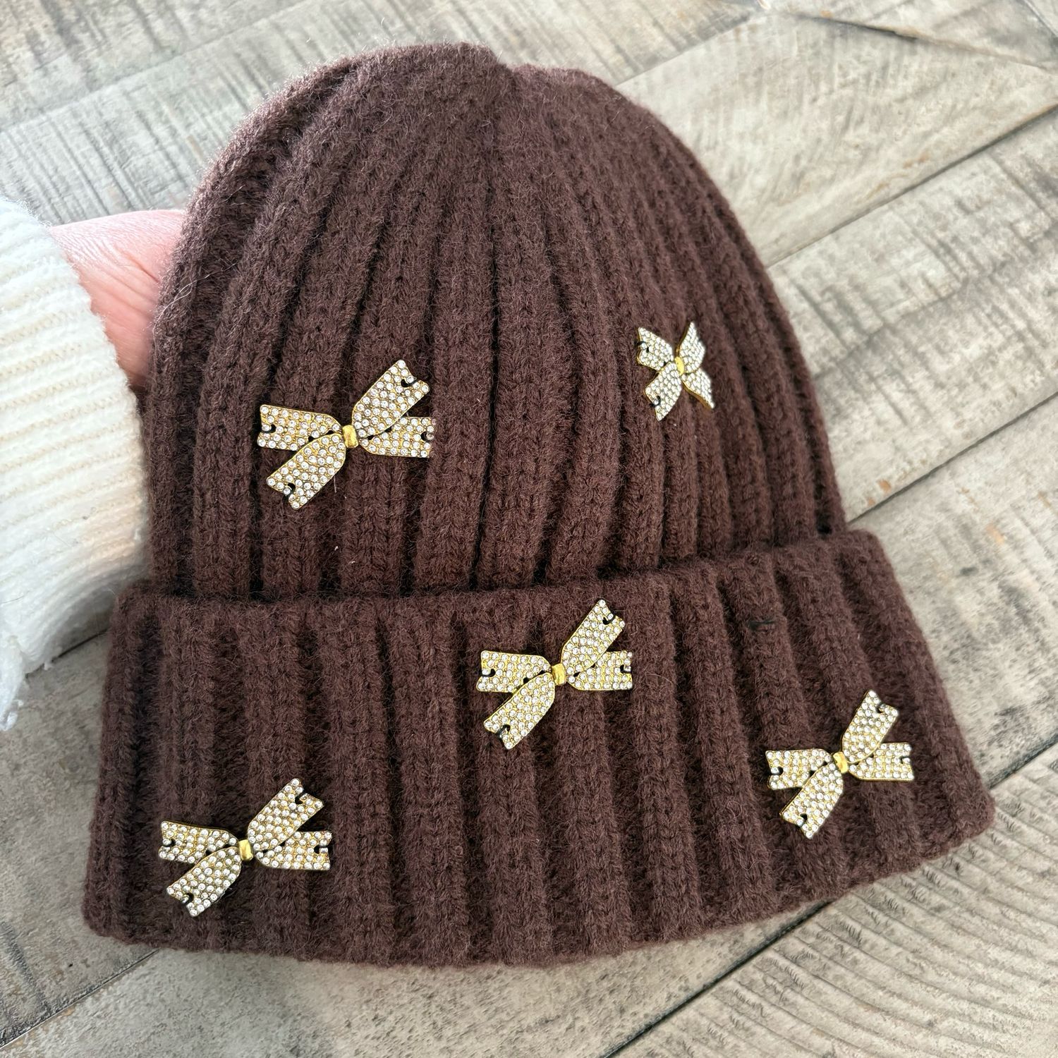 Rhinestone Bow Ribbed Knit Fold-Over hats