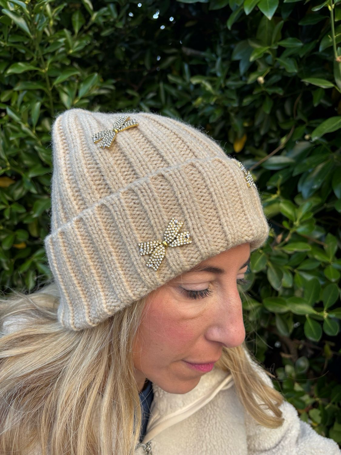 Rhinestone Bow Ribbed Knit Fold-Over hats