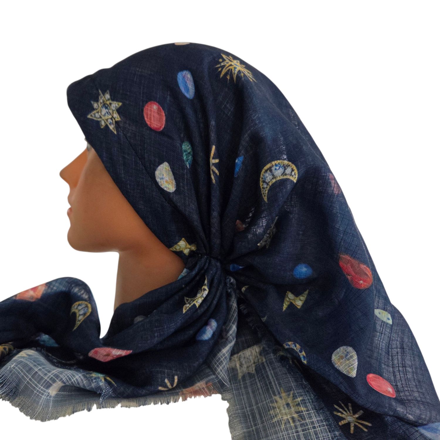 Blue denim - symbols-  long kerchief back - soft fringes pretied tichel (BBS) w/band sewn in