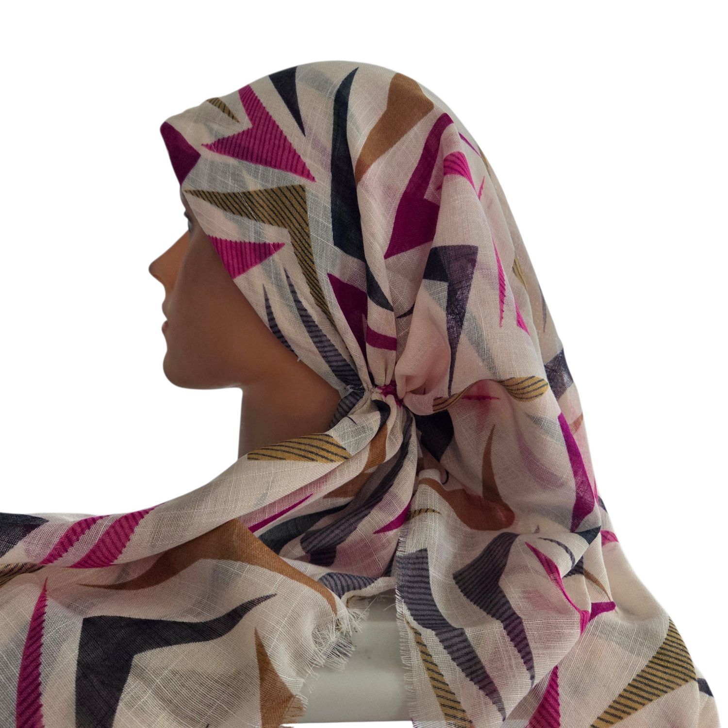 Cream multicolored  -  long kerchief back - soft fringes pretied tichel (BBS) w/band sewn in