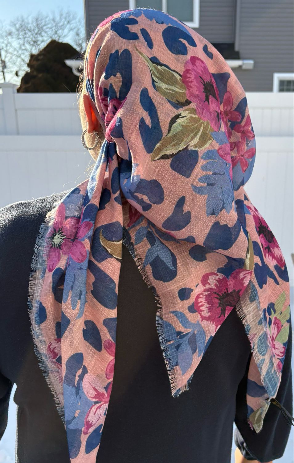 Peachy pretty floral -  long kerchief back - soft fringes pretied tichel (BBS) w/band sewn in