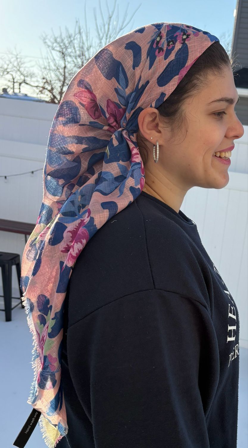 Peachy pretty floral -  long kerchief back - soft fringes pretied tichel (BBS) w/band sewn in