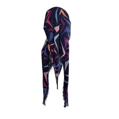 Navy multicolored  -  long kerchief back - soft fringes pretied tichel (BBS) w/band sewn in