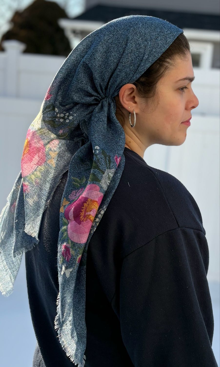 Medium blue denim/floral - long kerchief back - soft fringes pretied tichel (BBS) w/band sewn in