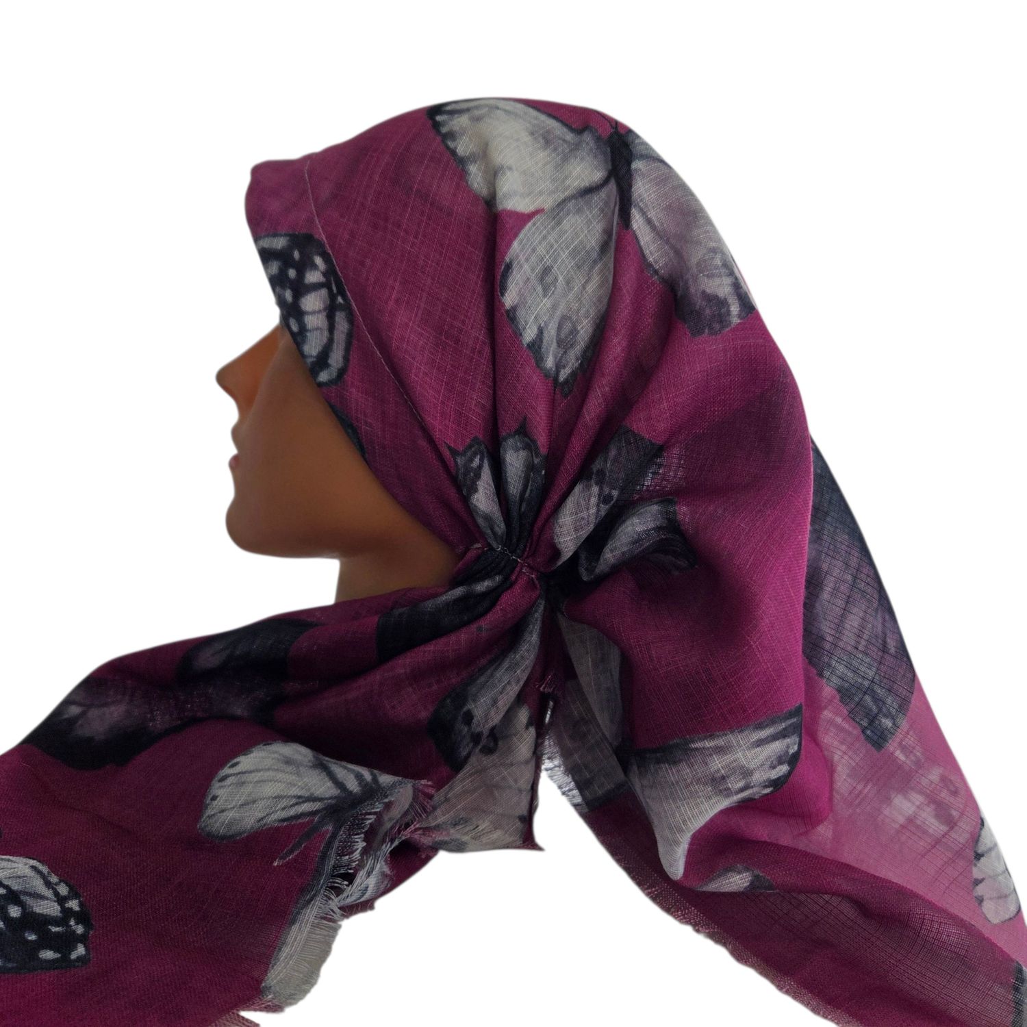 Magenta shaded butterflies -  long kerchief back - soft fringes pretied tichel (BBS) w/band sewn in