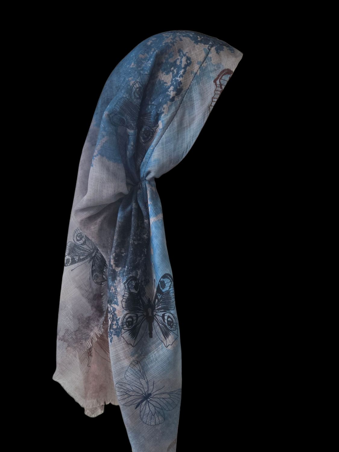 Light blue n'more shaded butterflies - long back pre-tied kerchief w/band sewn in  -  soft fringed edges material