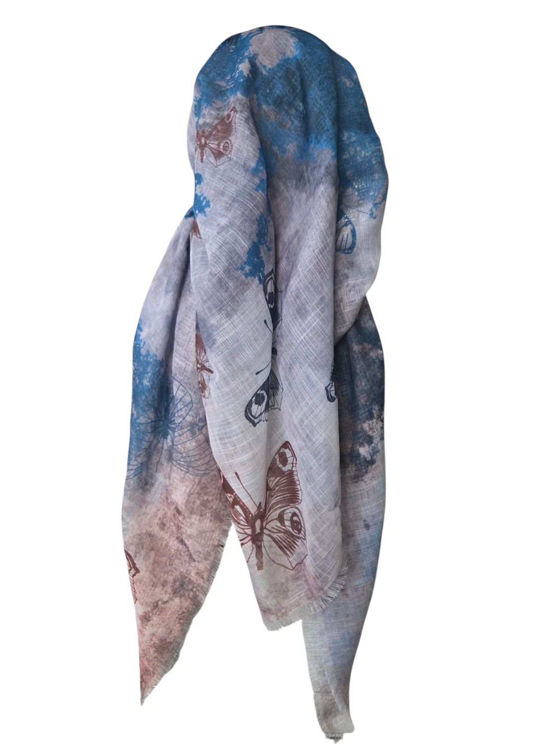 Light blue n'more shaded butterflies - long back pre-tied kerchief w/band sewn in  -  soft fringed edges material