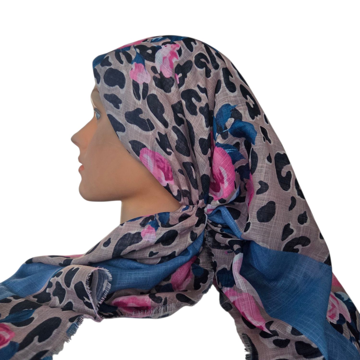 Tan  leopard and flowers long back pre-tied kerchief w/band sewn in  -  soft fringed edges material