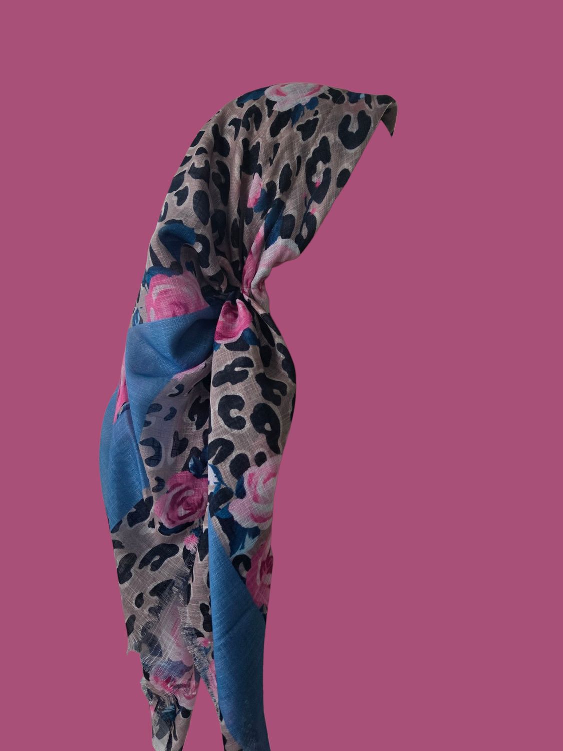 Tan  leopard and flowers long back pre-tied kerchief w/band sewn in  -  soft fringed edges material