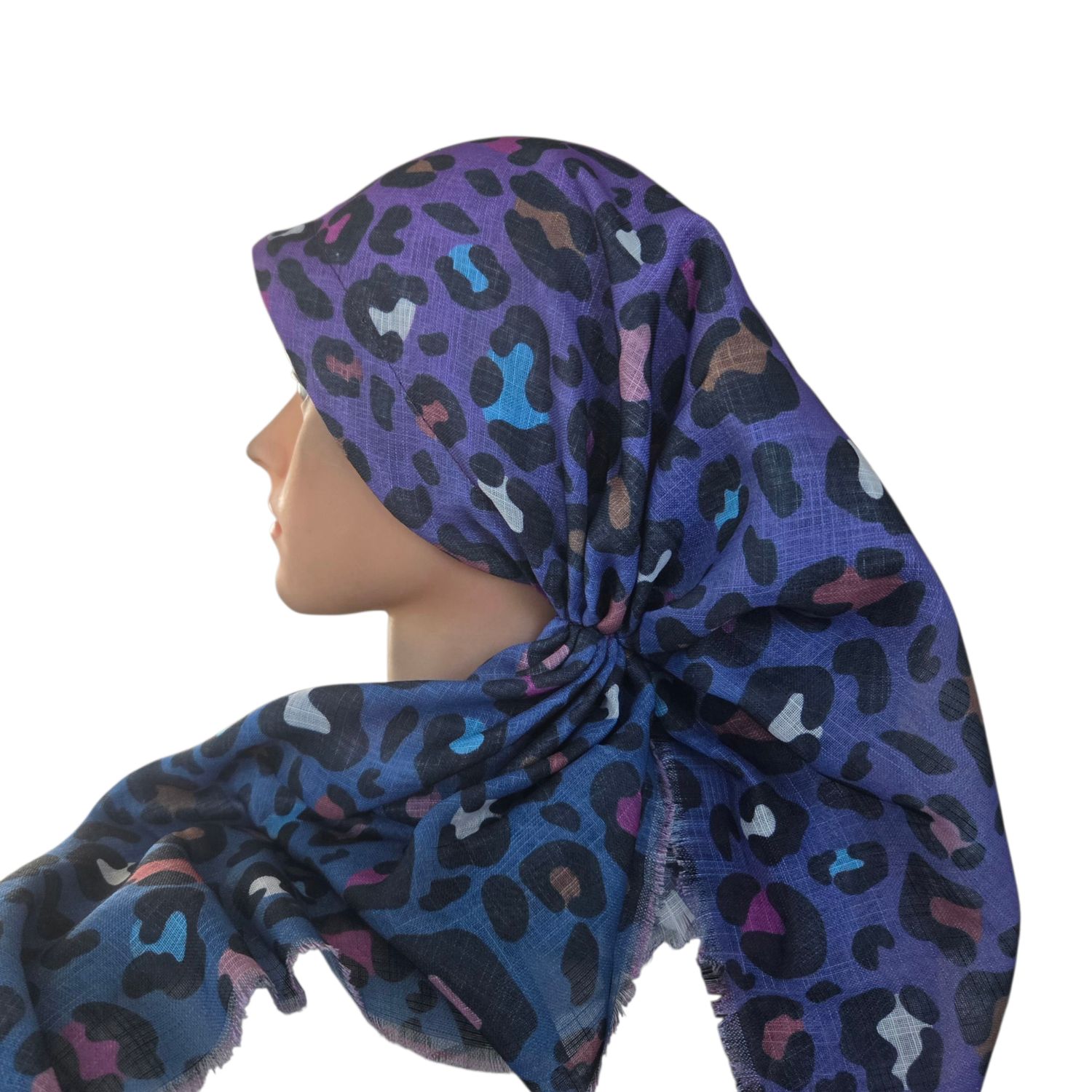 Purple shaded leopard - long back pre-tied kerchief w/band sewn in  -  soft fringed edges material