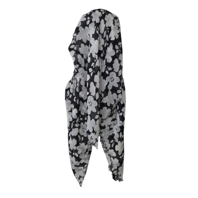 White &amp; Black - Floral - long kerchief back - soft fringes pretied tichel (BBS) w/band sewn in