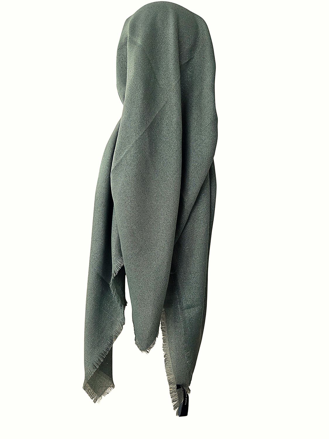 Dusty sage - Glittery - long kerchief back - soft fringes pretied tichel (BBS) w/band sewn in