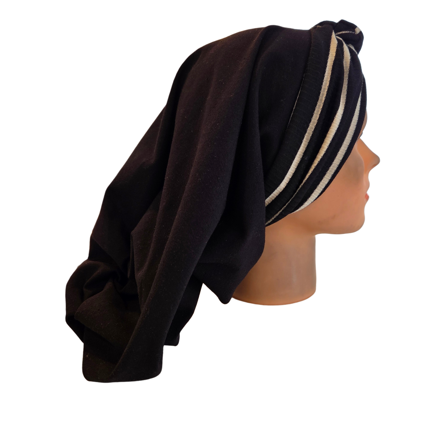 THIN - black knot snood w/ front stripe design