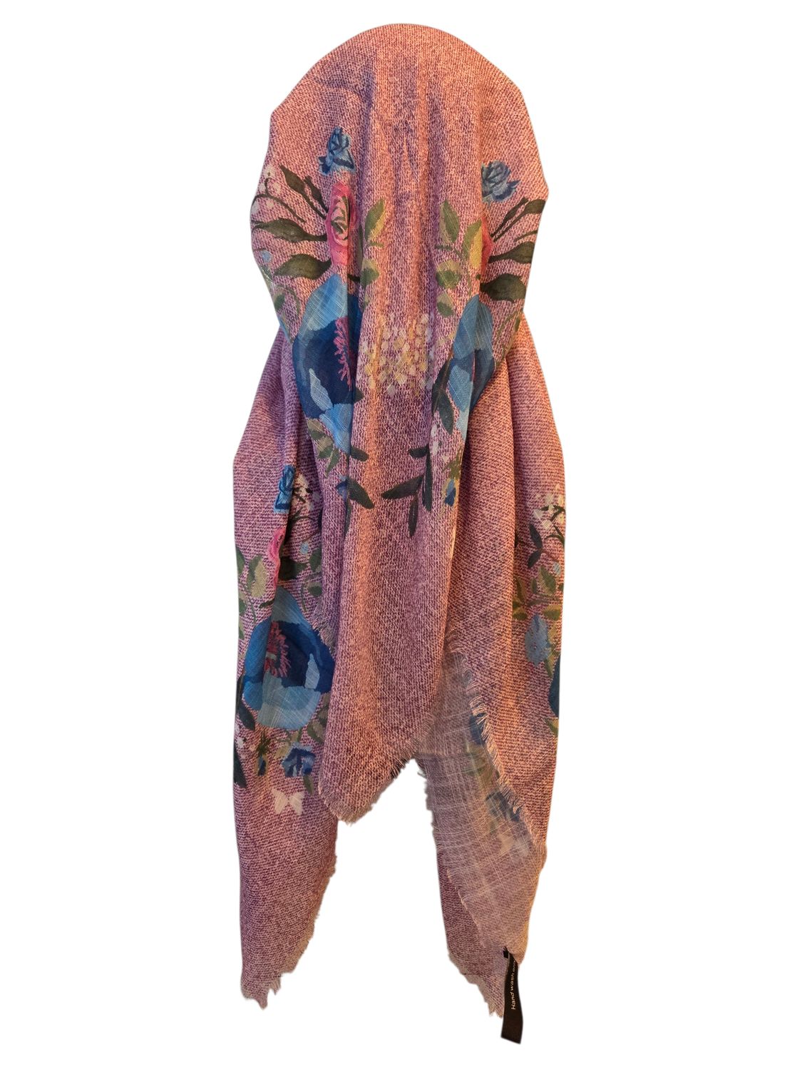 Burgundy/ pink denim look/floral - long kerchief back - soft fringes pretied tichel (BBS) w/band sewn in