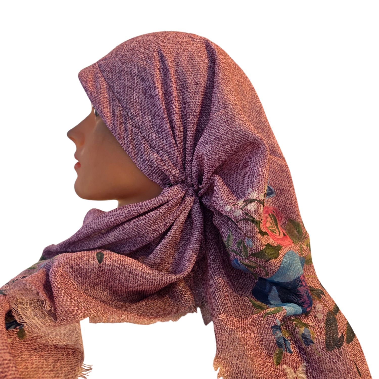 Burgundy/ pink denim look/floral - long kerchief back - soft fringes pretied tichel (BBS) w/band sewn in