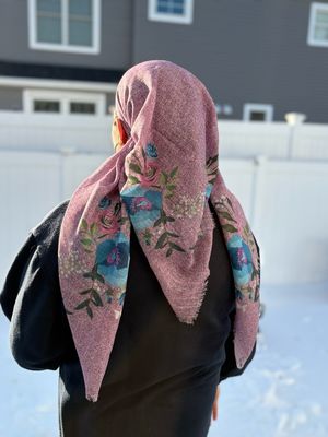 Burgundy/ pink denim look/floral - long kerchief back - soft fringes pretied tichel (BBS) w/band sewn in