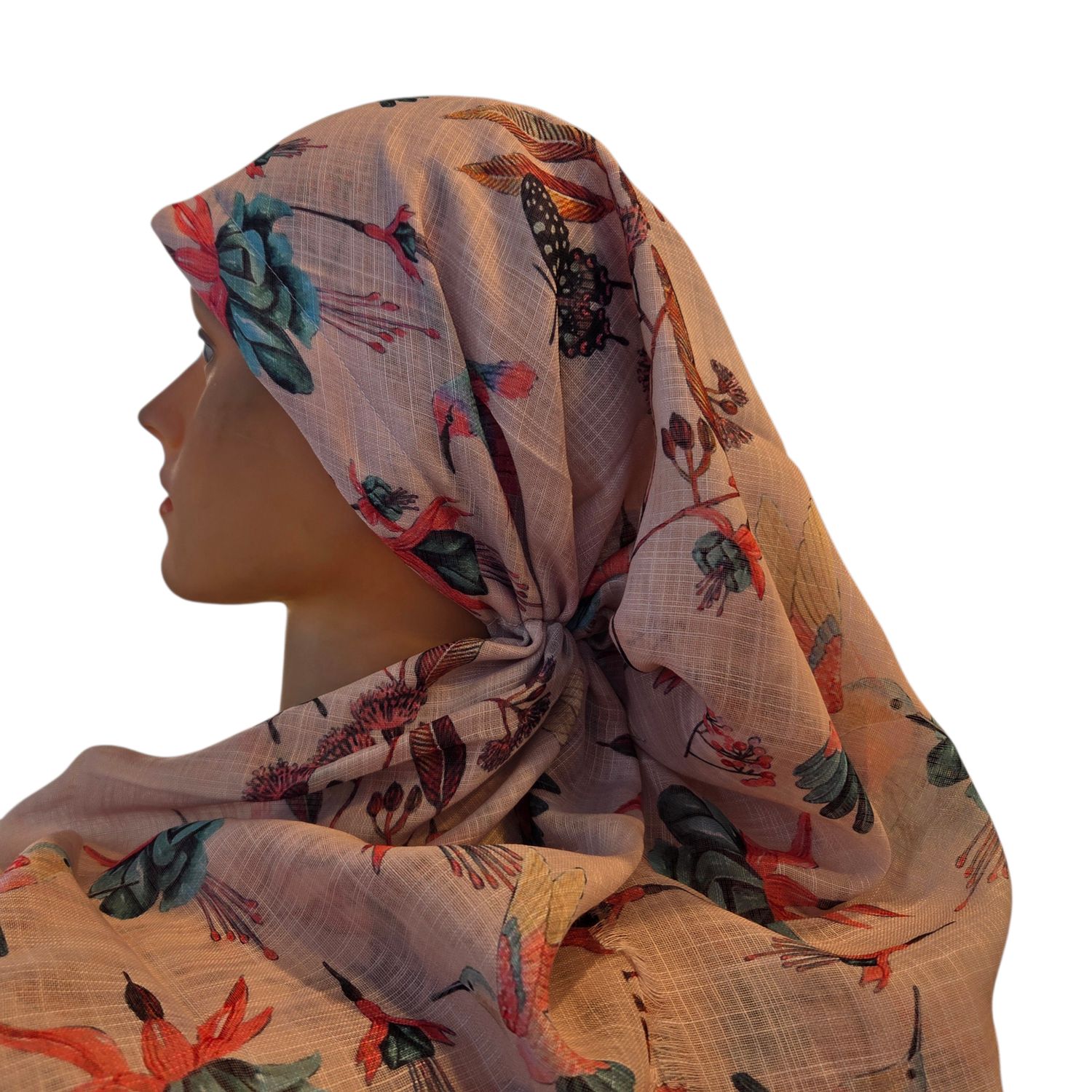 Light dusty pink - long kerchief back - soft fringes pretied tichel (BBS) w/band sewn in